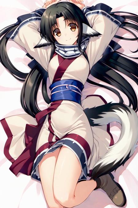 25341-3451687220-Amaduyu Tatsuki style, 1girl, animal ears, solo, tail, ainu clothes, long hair, smile, lying, looking at viewer, white backgroun.png